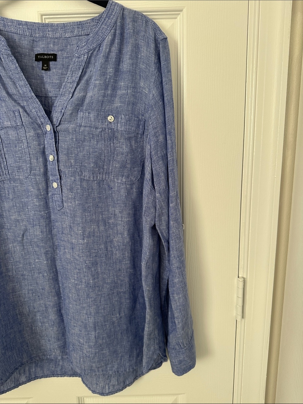 Talbots Chambray Blue Linen Button-Front Camp Shirt - Picture 5 of 8